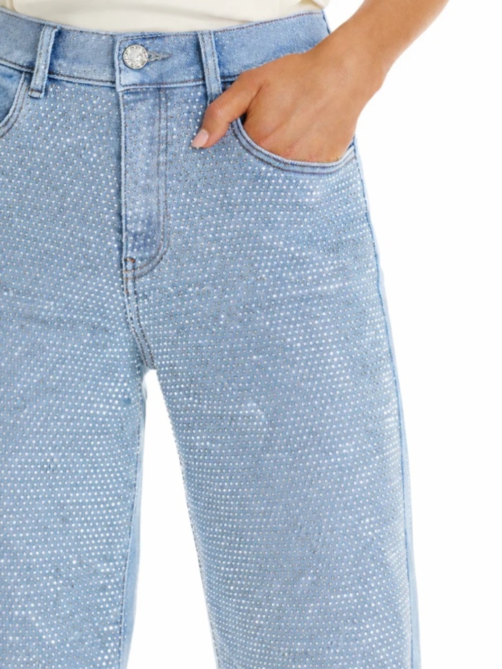 NWT See See Paris Crystal Diamanté Light Wash Stretch Denim Jeans EU 42. 10/12
